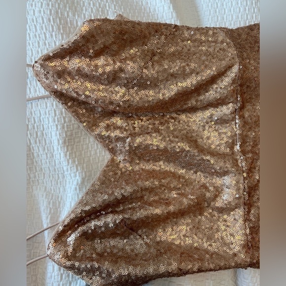 Dessy Collection Spaghetti Strap Flared Skirt Sequin Midi Dress Rose Gold NWOT - Picture 6 of 16